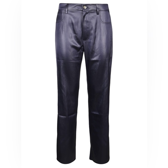 NWT $525 Nanushka Vaeda Navy Glossy Satin 5 Pocket Cropped Flare Pants with Slit - Picture 6 of 9